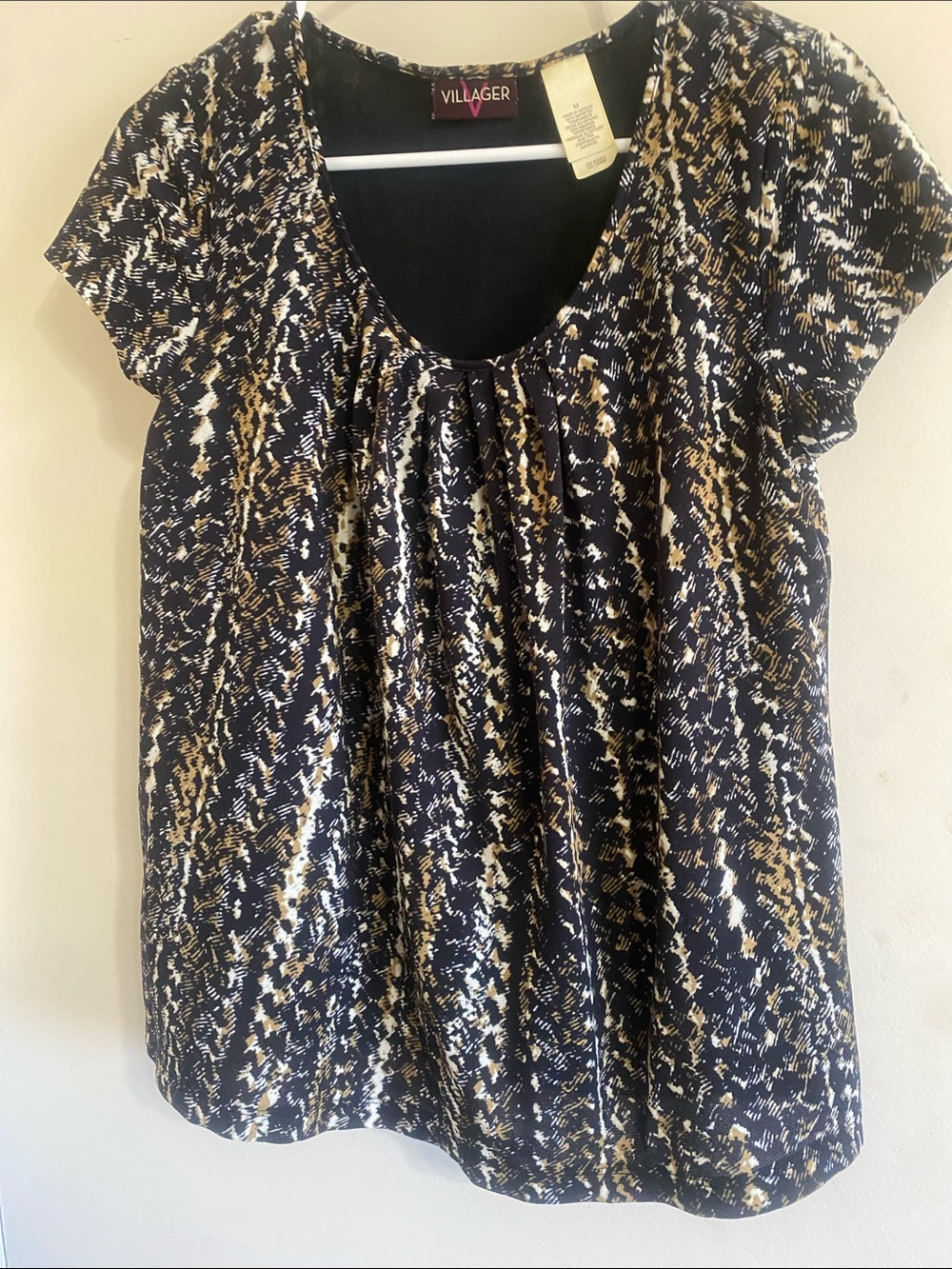 villager Black, Gold & White Short Sleeve Scoop Neck Blouse
